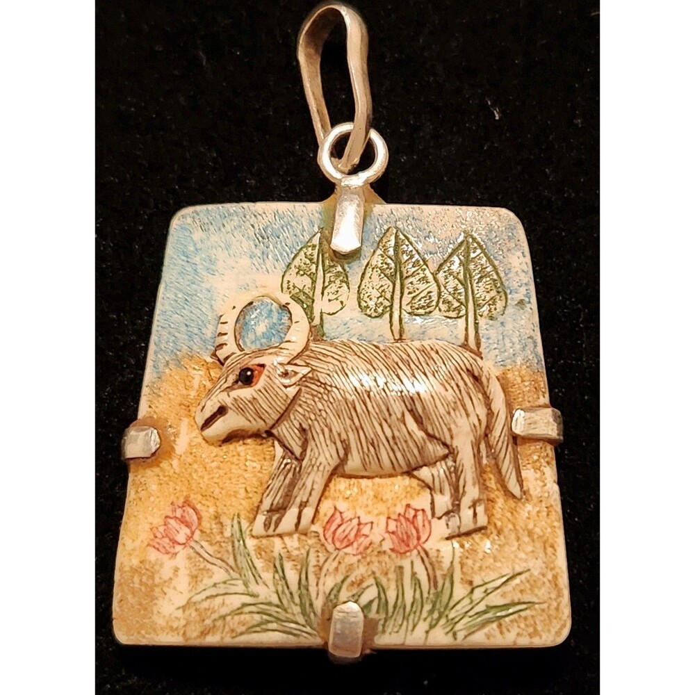 Vintage Sterling Silver Chinese Zodiac Ox Pendant Hand Carved Painted Charm